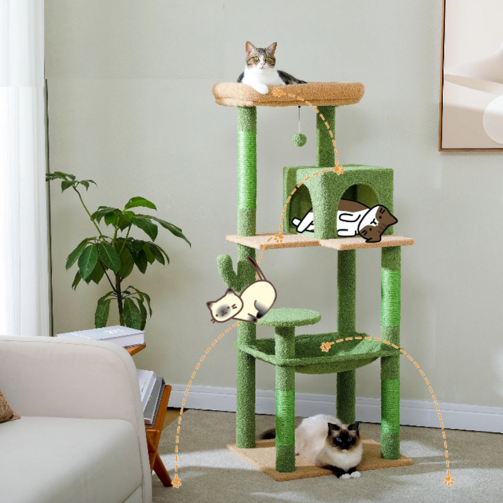 Arbre à Chat Cactus XL – Tour Multifonction avec Niche, Hamac et Plateformes | Stable et Facile à Monter