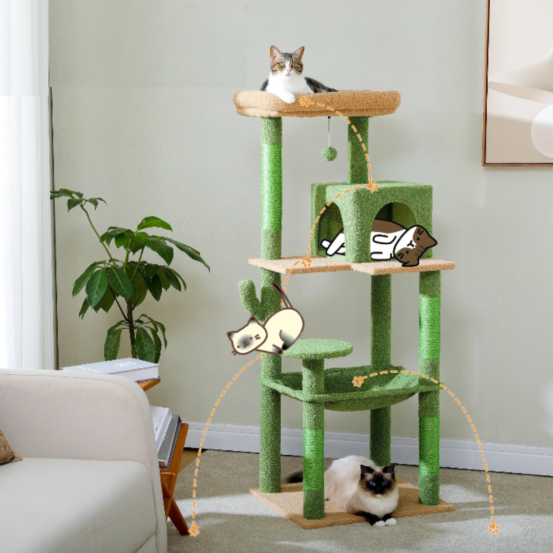 Arbre à Chat Cactus XL – Tour Multifonction avec Niche, Hamac et Plateformes | Stable et Facile à Monter