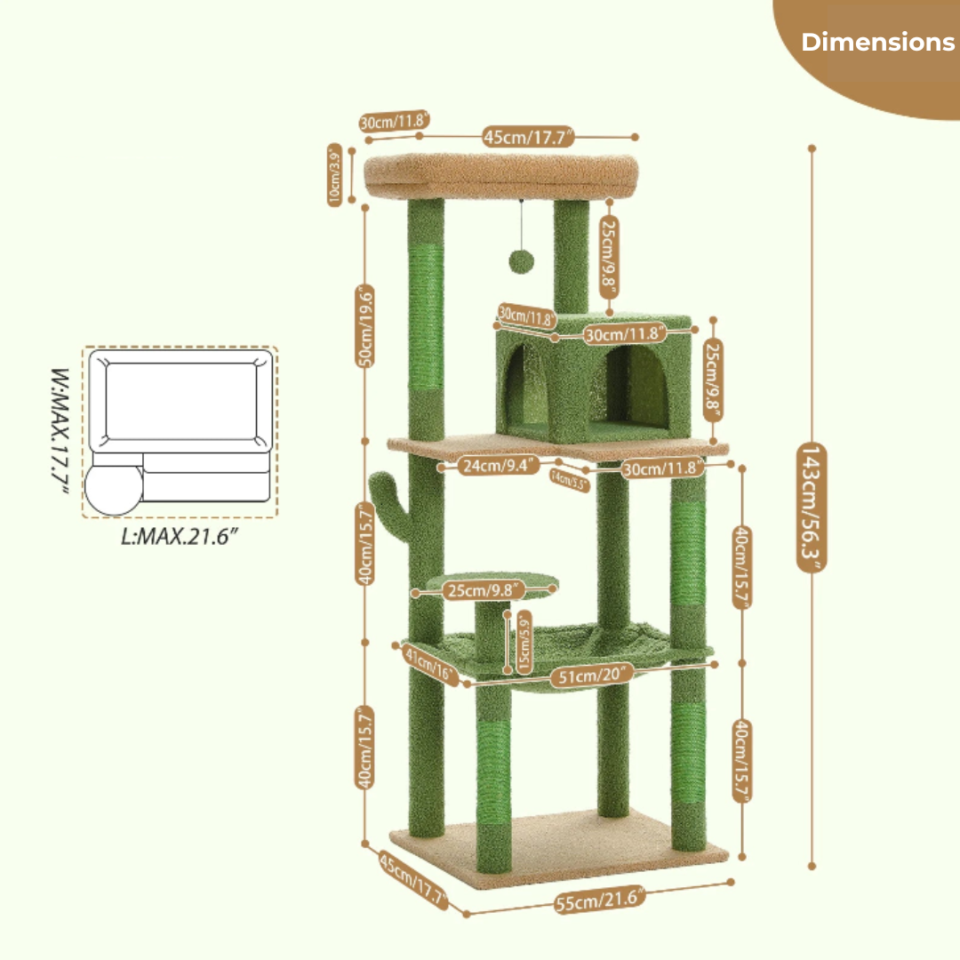 Arbre à Chat Cactus XL – Tour Multifonction avec Niche, Hamac et Plateformes | Stable et Facile à Monter