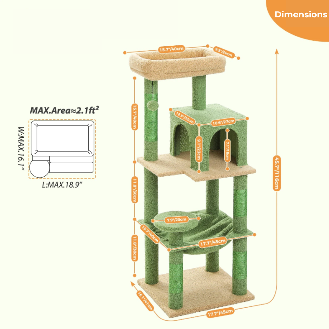 Arbre à Chat Cactus XL – Tour Multifonction avec Niche, Hamac et Plateformes | Stable et Facile à Monter
