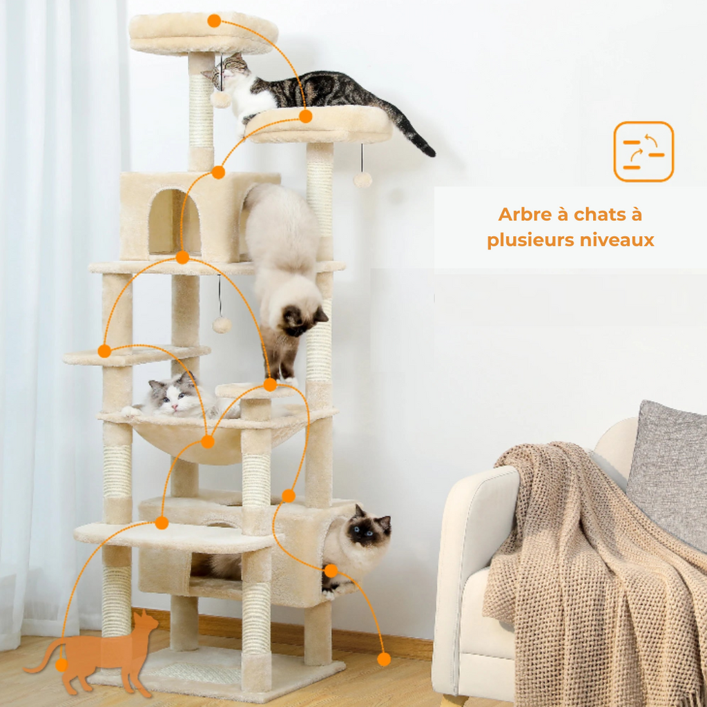 Arbre à Chat XXL – Tour Multifonction avec Niche, Hamac, Griffoirs et Plateformes | Stable et Confortable
