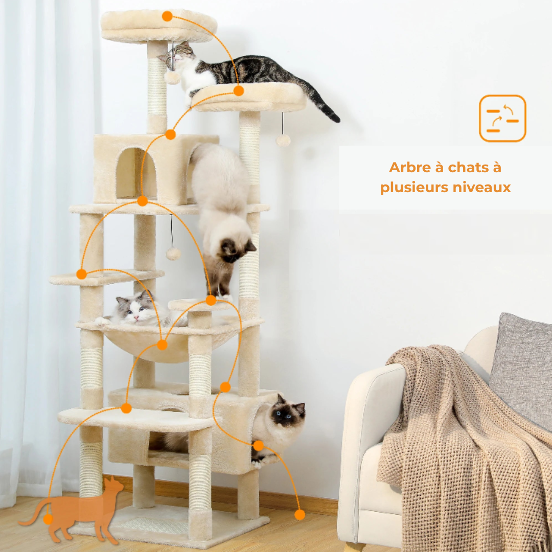 Arbre à Chat XXL – Tour Multifonction avec Niche, Hamac, Griffoirs et Plateformes | Stable et Confortable