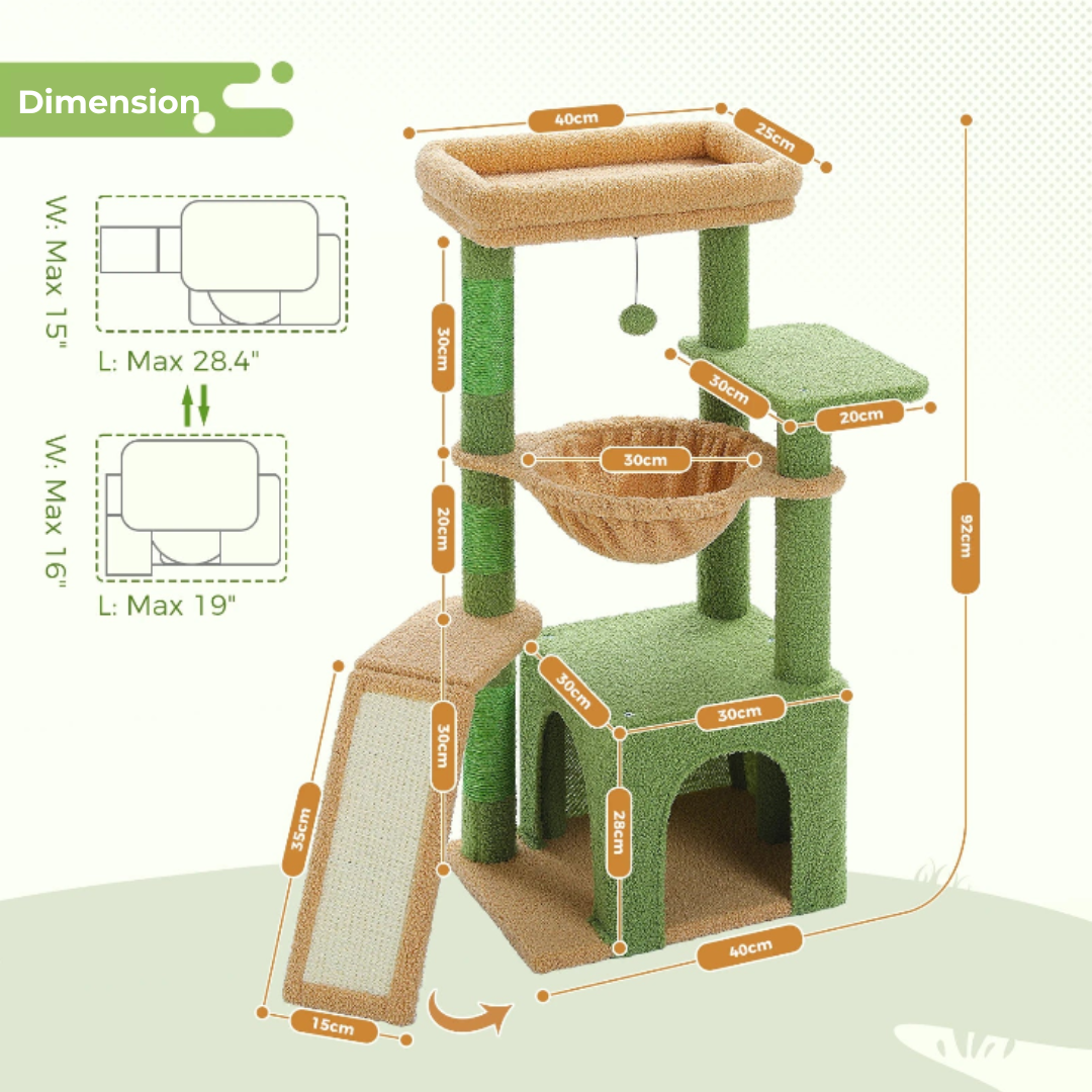 Arbre à Chat 92 cm – Tour Multifonction avec Hamac, Niche, Griffoir et Rampe d’Escalade