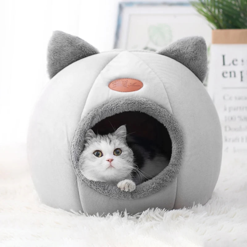 Maison Douillette pour Chat – Panier Fermé en Peluche avec Oreilles de Chat