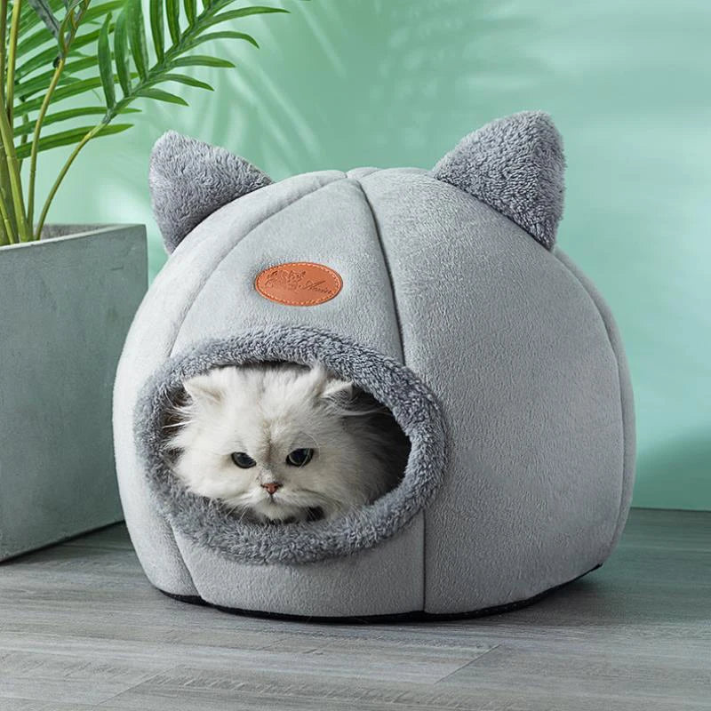 Maison Douillette pour Chat – Panier Fermé en Peluche avec Oreilles de Chat