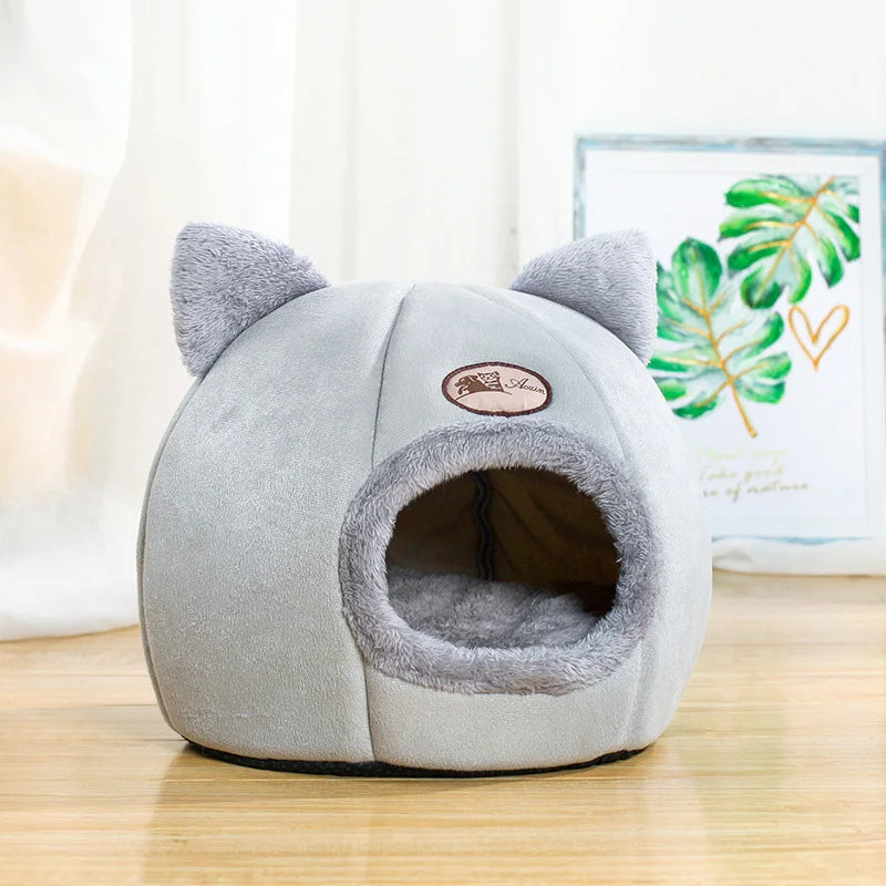 Maison Douillette pour Chat – Panier Fermé en Peluche avec Oreilles de Chat