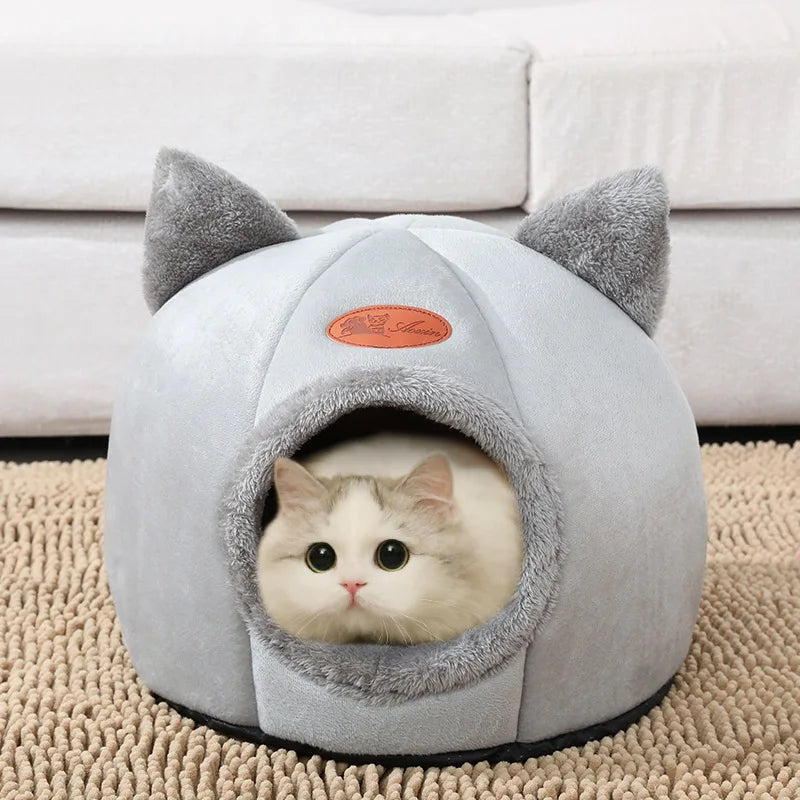 Maison Douillette pour Chat – Panier Fermé en Peluche avec Oreilles de Chat