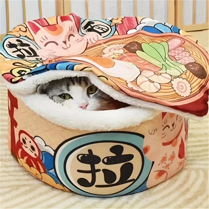 Panier Ramen Noodle pour Chat – Lit Douillet en Peluche avec Couvercle Amovible