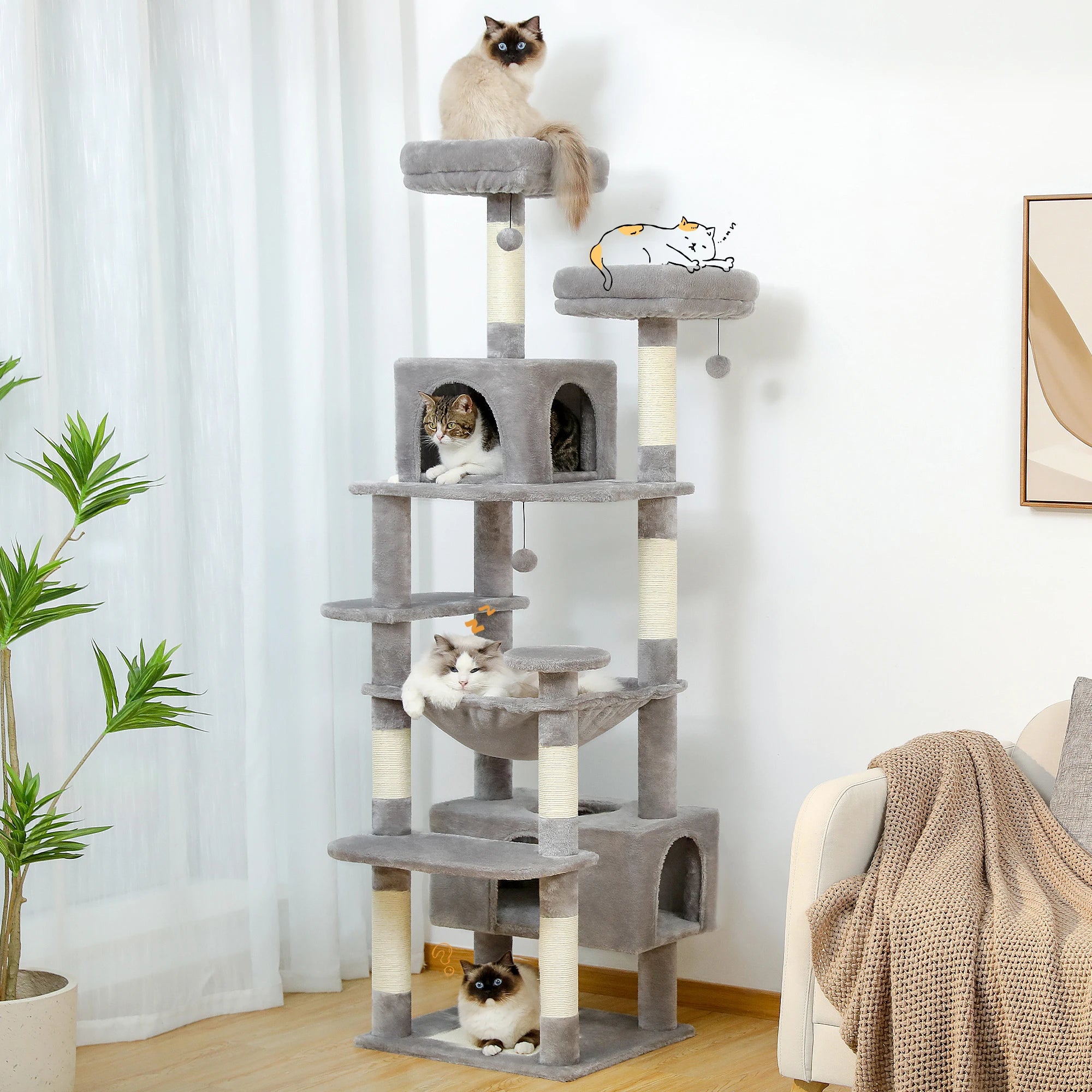 Arbre à Chat XXL – Tour Multifonction avec Niche, Hamac, Griffoirs et Plateformes | Stable et Confortable