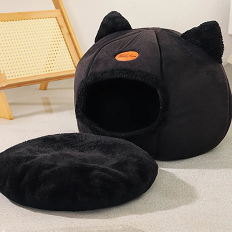Maison Douillette pour Chat – Panier Fermé en Peluche avec Oreilles de Chat