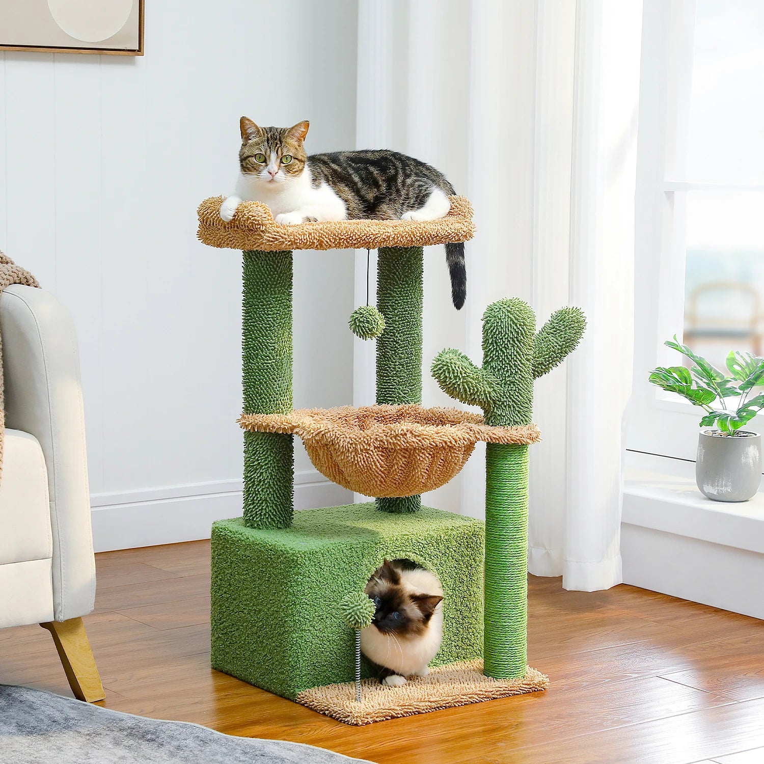 Arbre à Chat en Forme de Cactus – Tour Multifonction avec Hamac, Niche et Plateforme d’Observation