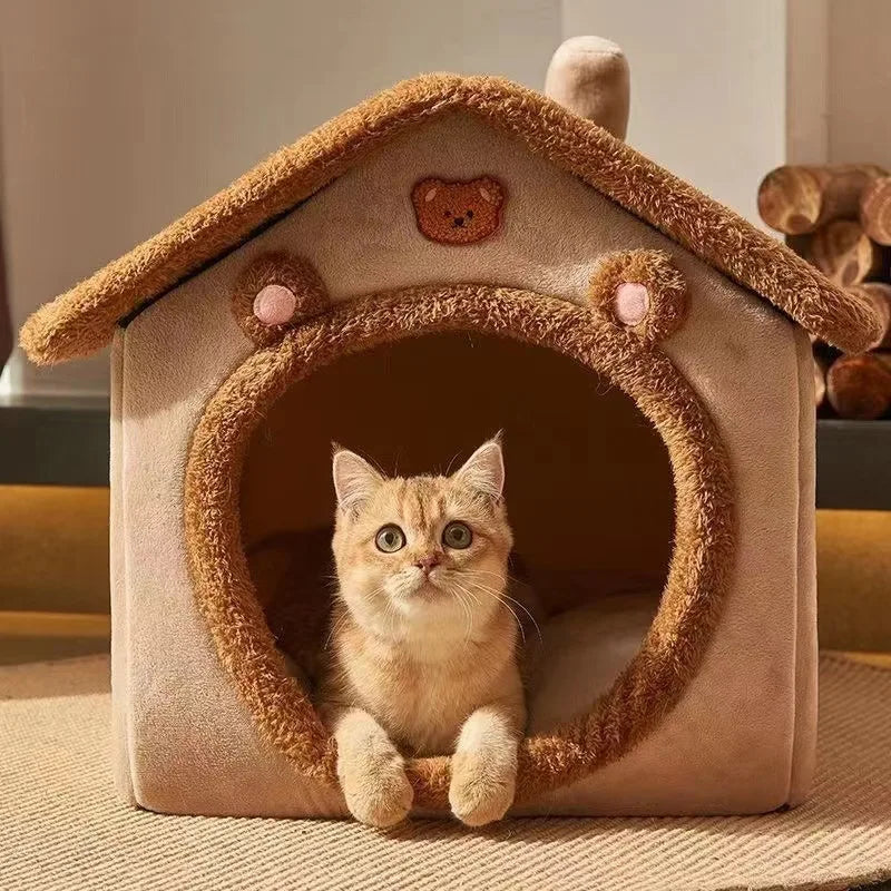 Maison en Peluche pour Chat – Niche Douillette et Fermée en Forme de Maisonnette