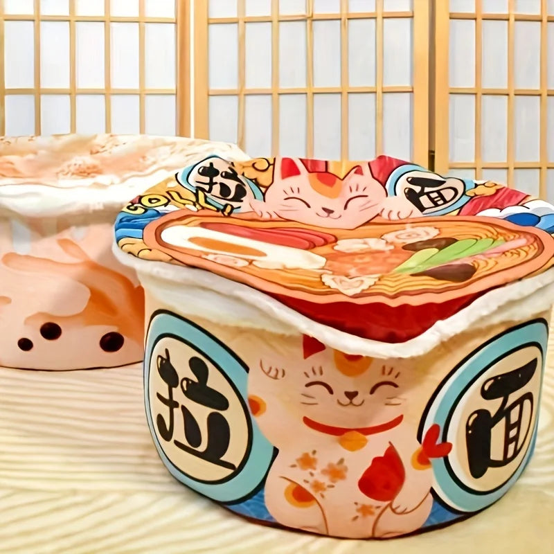 Panier Ramen Noodle pour Chat – Lit Douillet en Peluche avec Couvercle Amovible