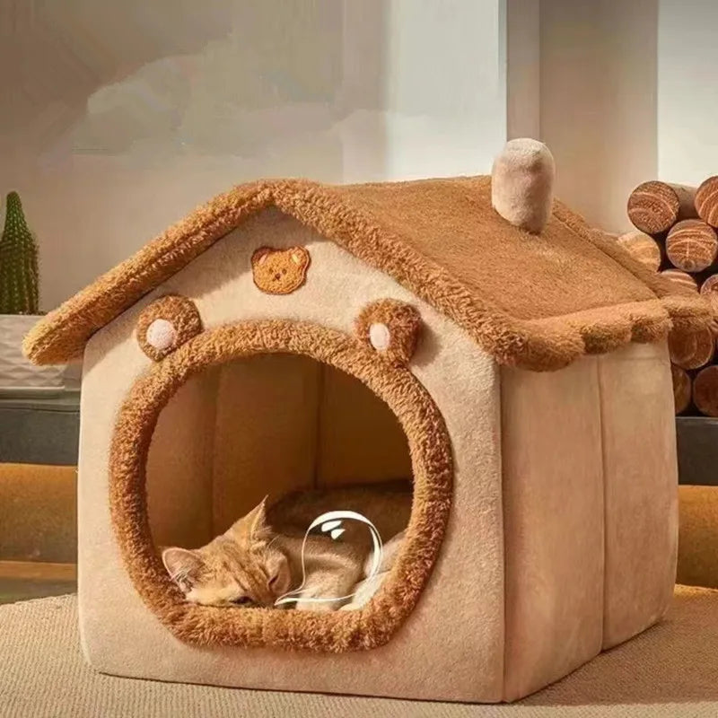 Maison en Peluche pour Chat – Niche Douillette et Fermée en Forme de Maisonnette